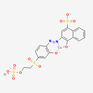 molecular formula C18H14CuN2O11S3 B12796926 Dihydrogen (4-hydroxy-3-((2-hydroxy-4-((2-(sulphooxy)ethyl)sulphonyl)phenyl)azo)naphthalene-1-sulphonato(4-))cuprate(2-) CAS No. 67892-59-5