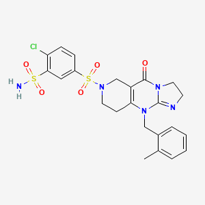 molecular formula C23H24ClN5O5S2 B12797350 2-Chloro-5-((9-((2-methylphenyl)methyl)-4-oxo(5,6,7,8,9,3a-hexahydro-2-imidazolino(1,2-a)pyridino(4,3-d)pyrimidin-6-yl))sulfonyl)benzenesulfonamide CAS No. 41276-23-7
