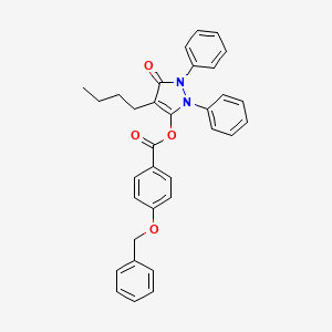 molecular formula C33H30N2O4 B12797382 Benzoic acid, 4-(phenylmethoxy)-, 2,5-dihydroxy-4-butyl-1,2-diphenyl-5-oxo-1H-pyrazol-3-yl ester CAS No. 58906-08-4