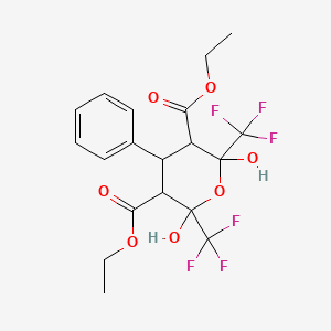 molecular formula C19H20F6O7 B12797622 Diethyl 2,6-dihydroxy-4-phenyl-2,6-bis(trifluoromethyl)tetrahydro-2H-pyran-3,5-dicarboxylate CAS No. 3449-44-3