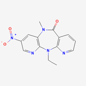 molecular formula C14H13N5O3 B12798144 2-ethyl-9-methyl-6-nitro-2,4,9,15-tetrazatricyclo[9.4.0.03,8]pentadeca-1(11),3(8),4,6,12,14-hexaen-10-one CAS No. 133627-15-3