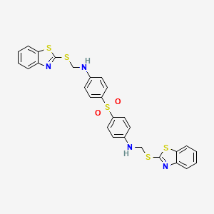 molecular formula C28H22N4O2S5 B12798258 N-((1,3-Benzothiazol-2-ylthio)methyl)-N-(4-((4-(((1,3-benzothiazol-2-ylthio)methyl)amino)phenyl)sulfonyl)phenyl)amine CAS No. 6323-42-8