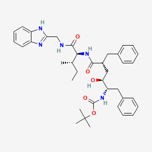 molecular formula C38H49N5O5 B12798421 Carbamic acid, (5-((1-(((1H-benzimidazol-2-ylmethyl)amino)carbonyl)-2-methylbutyl)amino)-2-hydroxy-5-oxo-1,4-bis(phenylmethyl)pentyl)-, 1,1-dimethylethyl ester, (1S-(1R*,2R*,4S*,5(1R*,2R*)))- CAS No. 126409-81-2