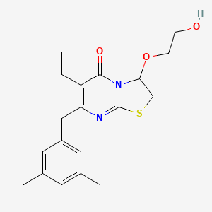 molecular formula C19H24N2O3S B12798474 5H-Thiazolo(3,2-a)pyrimidin-5-one, 7-((3,5-dimethylphenyl)methyl)-6-ethyl-2,3-dihydro-3-(2-hydroxyethoxy)- CAS No. 199852-36-3