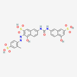 molecular formula C28H22N4O12S3 B12798706 4-Hydroxy-7-((((5-hydroxy-7-sulpho-2-naphthyl)amino)carbonyl)amino)-3-((2-methyl-4-sulphophenyl)azo)naphthalene-2-sulphonic acid CAS No. 73003-84-6