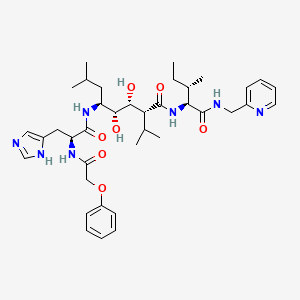 molecular formula C38H55N7O7 B12799087 1H-Imidazole-4-propanamide, N-(2,3-dihydroxy-5-methyl-1-(2-methylpropyl)-4-(((2-methyl-1-(((2-pyridinylmethyl)amino)carbonyl)butyl)amino)carbonyl)hexyl)-alpha-((phenoxyacetyl)amino)-, (1S-(1R*(R*),2S*,3S*,4S*(1R*,2R*)))- CAS No. 112190-16-6