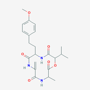 molecular formula C22H29N3O6 B12799534 L-Alanine, N-(2-hydroxy-3-methyl-1-oxobutyl)-gamma-(4-methoxyphenyl)-L-alpha-aminobutyryl-2,3-didehydroalanyl-, (S)- CAS No. 87105-09-7