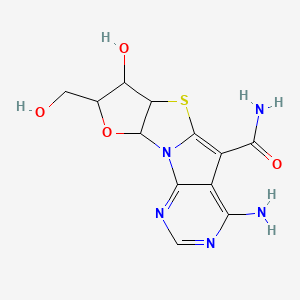 molecular formula C12H13N5O4S B12799902 6-amino-12-hydroxy-13-(hydroxymethyl)-14-oxa-10-thia-1,3,5-triazatetracyclo[7.6.0.02,7.011,15]pentadeca-2,4,6,8-tetraene-8-carboxamide CAS No. 83379-27-5