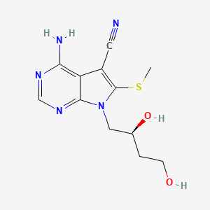 molecular formula C12H15N5O2S B12800211 7H-Pyrrolo(2,3-d)pyrimidine-5-carbonitrile, 4-amino-7-(2,4-dihydroxybutyl)-6-(methylthio)-, (S)- CAS No. 127945-89-5