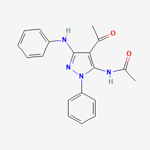 molecular formula C19H18N4O2 B12800486 Pyrazole, 5-amino-3-anilino-1-phenyl-, diacetyl deriv. CAS No. 28700-33-6