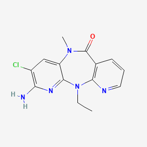 molecular formula C14H14ClN5O B12802432 5-amino-6-chloro-2-ethyl-9-methyl-2,4,9,15-tetrazatricyclo[9.4.0.03,8]pentadeca-1(11),3,5,7,12,14-hexaen-10-one CAS No. 133627-29-9
