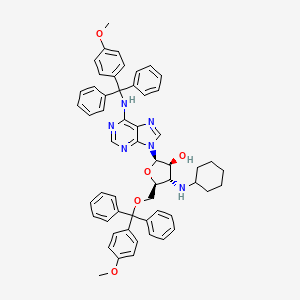 molecular formula C56H56N6O5 B12802497 9H-Purin-6-amine, 9-(3-(cyclohexylamino)-3-deoxy-5-O-((4-methoxyphenyl)diphenylmethyl)-beta-D-arabinofuranosyl)-N-((4-methoxyphenyl)diphenylmethyl)- CAS No. 134934-64-8