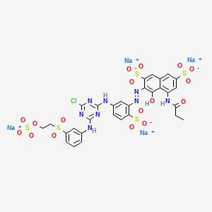 molecular formula C30H23ClN8Na4O17S5 B12803322 tetrasodium;3-[[5-[[4-chloro-6-[3-(2-sulfonatooxyethylsulfonyl)anilino]-1,3,5-triazin-2-yl]amino]-2-sulfonatophenyl]diazenyl]-4-hydroxy-5-(propanoylamino)naphthalene-2,7-disulfonate CAS No. 80019-42-7