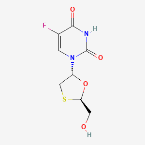 molecular formula C8H9FN2O4S B12803640 2,4(1H,3H)-Pyrimidinedione, 5-fluoro-1-(2-(hydroxymethyl)-1,3-oxathiolan-5-yl)-, (2R-trans)- CAS No. 145986-12-5