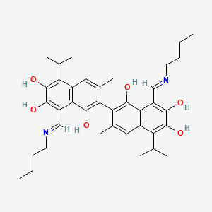 molecular formula C38H48N2O6 B12804252 (2,2'-Binaphthalene)-1,1',6,6',7,7'-hexol, 8,8'-bis((E)-(butylimino)methyl)-3,3'-dimethyl-5,5'-bis(1-methylethyl)- CAS No. 13943-96-9