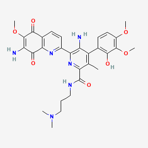 molecular formula C30H34N6O7 B12804287 2-Pyridinecarboxamide, 5-amino-6-(7-amino-5,8-dihydro-6-methoxy-5,8-dioxo-2-quinolinyl)-N-(3-(dimethylamino)propyl)-4-(2-hydroxy-3,4-dimethoxyphenyl)-3-methyl- CAS No. 99520-44-2
