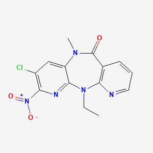 molecular formula C14H12ClN5O3 B12804541 6-chloro-2-ethyl-9-methyl-5-nitro-2,4,9,15-tetrazatricyclo[9.4.0.03,8]pentadeca-1(11),3,5,7,12,14-hexaen-10-one CAS No. 133627-28-8