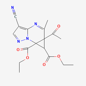 molecular formula C17H18N4O5 B12804643 Diethyl 4-acetyl-8-cyano-5-methyl-1,6,10-triazatricyclo[5.3.0.02,4]deca-5,7,9-triene-2,3-dicarboxylate CAS No. 77937-06-5