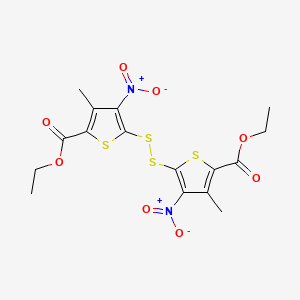 molecular formula C16H16N2O8S4 B12804722 2-Thiophenecarboxylic acid, 5,5'-dithiobis(3-methyl-4-nitro-, diethyl ester CAS No. 74462-74-1