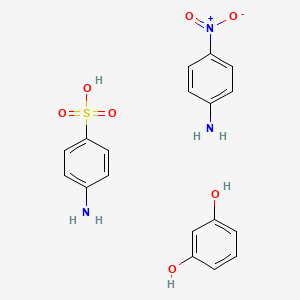 molecular formula C6H7NO3S.C6H6N2O2.C6H6O2<br>C18H19N3O7S B12805968 Benzenesulfonic acid, 4-amino-, diazotized, coupled with diazotized 4-nitrobenzenamine and resorcinol CAS No. 90218-17-0