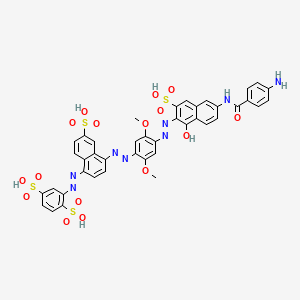 molecular formula C41H32N8O16S4 B12807617 1,4-Benzenedisulfonic acid, 2-((4-((4-((6-((4-aminobenzoyl)amino)-1-hydroxy-3-sulfo-2-naphthalenyl)azo)-2,5-dimethoxyphenyl)azo)-6-sulfo-1-naphthalenyl)azo)- CAS No. 74082-18-1