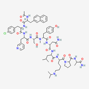 molecular formula C72H95ClN14O14 B12809979 2-[[2-[[2-[[2-[[2-[(2-acetamido-3-naphthalen-2-ylpropanoyl)amino]-3-(4-chlorophenyl)propanoyl]amino]-3-pyridin-3-ylpropanoyl]amino]-3-hydroxypropanoyl]-methylamino]-3-(4-hydroxyphenyl)propanoyl]amino]-N-[1-[[1-[2-[(1-amino-1-oxopropan-2-yl)carbamoyl]pyrrolidin-1-yl]-1-oxo-6-(propan-2-ylamino)hexan-2-yl]amino]-4-methyl-1-oxopentan-2-yl]butanediamide 