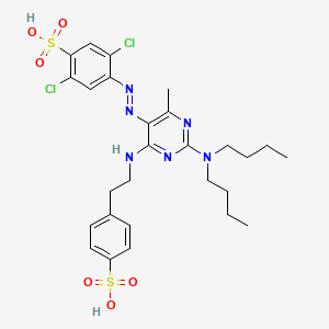 molecular formula C27H34Cl2N6O6S2 B12810142 Benzenesulfonic acid, 2,5-dichloro-4-((2-(dibutylamino)-4-methyl-6-((2-(4-sulfophenyl)ethyl)amino)-5-pyrimidinyl)azo)- CAS No. 72797-19-4