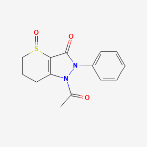 molecular formula C14H14N2O3S B12810753 Thiopyrano(3,2-c)pyrazol-3(2H)-one, 1,5,6,7-tetrahydro-1-(methylcarbonyl)-2-phenyl-, 4-oxide CAS No. 124187-81-1