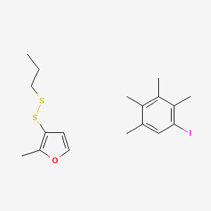 molecular formula C18H25IOS2 B12814210 1-Iodo-2,3,4,5-tetramethylbenzene;2-methyl-3-(propyldisulfanyl)furan 