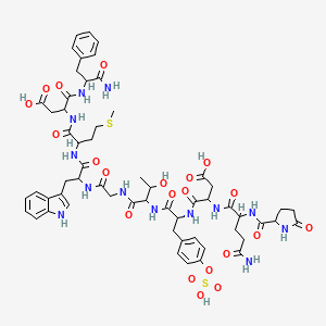 molecular formula C58H73N13O21S2 B12814924 H-DL-Pyr-DL-Gln-DL-Asp-DL-Tyr(SO3H)-DL-xiThr-Gly-DL-Trp-DL-Met-DL-Asp-DL-Phe-NH2 