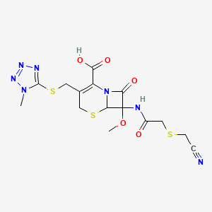 molecular formula C15H17N7O5S3 B12815450 7-{2-[(Cyanomethyl)sulfanyl]acetamido}-7-methoxy-3-{[(1-methyl-1H-tetrazol-5-yl)sulfanyl]methyl}-8-oxo-5-thia-1-azabicyclo[4.2.0]oct-2-ene-2-carboxylic acid 