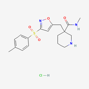 molecular formula C18H24ClN3O4S B12815566 N-Methyl-3-((3-tosylisoxazol-5-yl)methyl)piperidine-3-carboxamide hydrochloride 