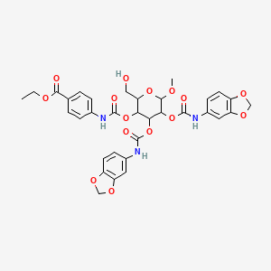 molecular formula C33H33N3O15 B12816035 Ethyl 4-[[4,5-bis(1,3-benzodioxol-5-ylcarbamoyloxy)-2-(hydroxymethyl)-6-methoxyoxan-3-yl]oxycarbonylamino]benzoate 