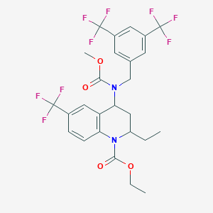 molecular formula C26H25F9N2O4 B12826063 Ethyl 4-[{[3,5-bis(trifluoromethyl)phenyl]methyl}(methoxycarbonyl)amino]-2-ethyl-6-(trifluoromethyl)-3,4-dihydroquinoline-1(2H)-carboxylate 