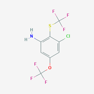 molecular formula C8H4ClF6NOS B12832996 Benzenamine,3-chloro-5-(trifluoromethoxy)-2-[(trifluoromethyl)thio] 