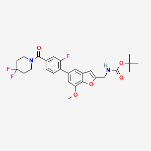 molecular formula C27H29F3N2O5 B12848765 Tert-butyl ((5-(4-(4,4-difluoropiperidine-1-carbonyl)-2-fluorophenyl)-7-methoxybenzofuran-2-yl)methyl)carbamate 
