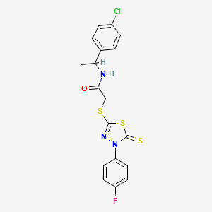 molecular formula C18H15ClFN3OS3 B12850026 N-(1-(4-Chlorophenyl)ethyl)-2-((4-(4-fluorophenyl)-5-thioxo-4,5-dihydro-1,3,4-thiadiazol-2-yl)thio)acetamide 