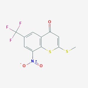 molecular formula C11H6F3NO3S2 B12855342 2-(Methylthio)-8-nitro-6-(trifluoromethyl)-4H-thiochromen-4-one 
