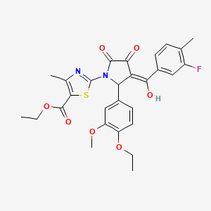 molecular formula C28H27FN2O7S B12856920 Ethyl 2-(2-(4-ethoxy-3-methoxyphenyl)-3-(3-fluoro-4-methylbenzoyl)-4-hydroxy-5-oxo-2,5-dihydro-1H-pyrrol-1-yl)-4-methylthiazole-5-carboxylate CAS No. 617697-29-7