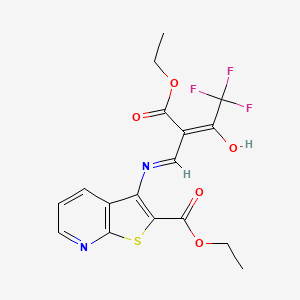 molecular formula C17H15F3N2O5S B12858886 Ethyl 3-{[2-(ethoxycarbonyl)-4,4,4-trifluoro-3-oxobut-1-enyl]amino}thieno[2,3-b]pyridine-2-carboxylate 