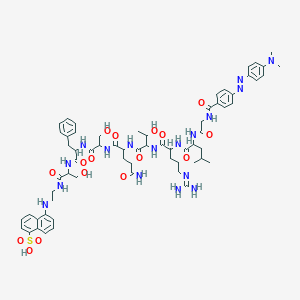 molecular formula C65H87N17O16S B128596 N-(4-{(E)-[4-(Dimethylamino)phenyl]diazenyl}benzoyl)glycylleucyl-N~5~-(diaminomethylidene)ornithylthreonylglutaminylserylphenylalanyl-N-{2-[(5-sulfonaphthalen-1-yl)amino]ethyl}serinamide CAS No. 145682-87-7