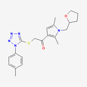 molecular formula C21H25N5O2S B12860168 1-(2,5-Dimethyl-1-((tetrahydrofuran-2-yl)methyl)-1H-pyrrol-3-yl)-2-((1-(p-tolyl)-1H-tetrazol-5-yl)thio)ethan-1-one 