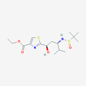 molecular formula C16H28N2O4S2 B12866497 rel-Ethyl 2-((1R*,3S*)-3-(((S)-tert-butylsulfinyl)amino)-1-hydroxy-4-methylpentyl)thiazole-4-carboxylate 
