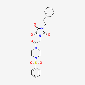 molecular formula C23H28N4O6S B12867196 1-(2-(Cyclohex-1-en-1-yl)ethyl)-3-(2-oxo-2-(4-(phenylsulfonyl)piperazin-1-yl)ethyl)imidazolidine-2,4,5-trione 