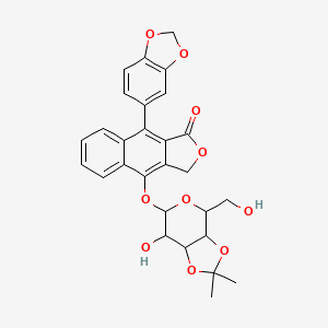 molecular formula C28H26O10 B12867422 9-(Benzo[d][1,3]dioxol-5-yl)-4-((7-hydroxy-4-(hydroxymethyl)-2,2-dimethyltetrahydro-4H-[1,3]dioxolo[4,5-c]pyran-6-yl)oxy)naphtho[2,3-c]furan-1(3H)-one 