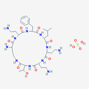 molecular formula C35H61N11O12S B128679 21-Amino-6,9,18-tris(2-aminoethyl)-15-benzyl-3-(1-hydroxyethyl)-12-(2-methylpropyl)-1,4,7,10,13,16,19-heptazacyclotricosane-2,5,8,11,14,17,20-heptone;sulfuric acid CAS No. 142563-40-4