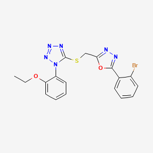 molecular formula C18H15BrN6O2S B12868034 2-(2-Bromophenyl)-5-(((1-(2-ethoxyphenyl)-1H-tetrazol-5-yl)thio)methyl)-1,3,4-oxadiazole 