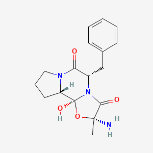 molecular formula C17H21N3O4 B12876846 2-Amino-5-benzyl-10b-hydroxy-2-methyltetrahydro-2H-oxazolo(3,2-a)pyrrolo(2,1-C)pyrazine-3,6(5H,10bh)-dione, (2R,5S,10aS,10bS)- CAS No. 301844-50-8