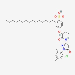 molecular formula C36H52ClN3O6S B12883345 Benzenesulfonic acid, 4-[1-[[[1-(2-chloro-4,6-dimethylphenyl)-4,5-dihydro-5-oxo-1h-pyrazol-3-yl]amino]carbonyl]propoxy]-2-pentadecyl- CAS No. 63181-82-8