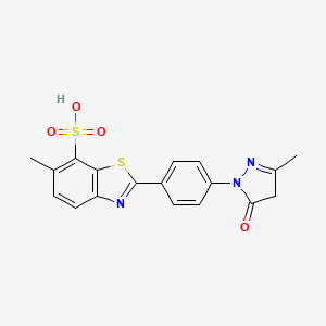molecular formula C18H15N3O4S2 B12884141 2-(4-(4,5-Dihydro-3-methyl-5-oxo-1H-pyrazol-1-yl)phenyl)-6-methylbenzothiazole-7-sulphonic acid CAS No. 5855-99-2